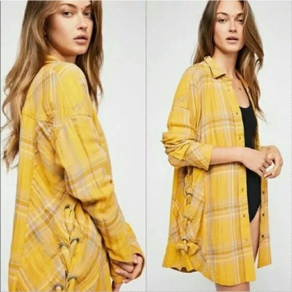 Free People Mustard Yellow Plaid Lace Up Side Oversized Button Down Shirt XS